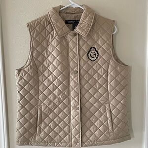 New Lauren Ralph Lauren Beige Quilted Crest Patch Vest Women’s XL